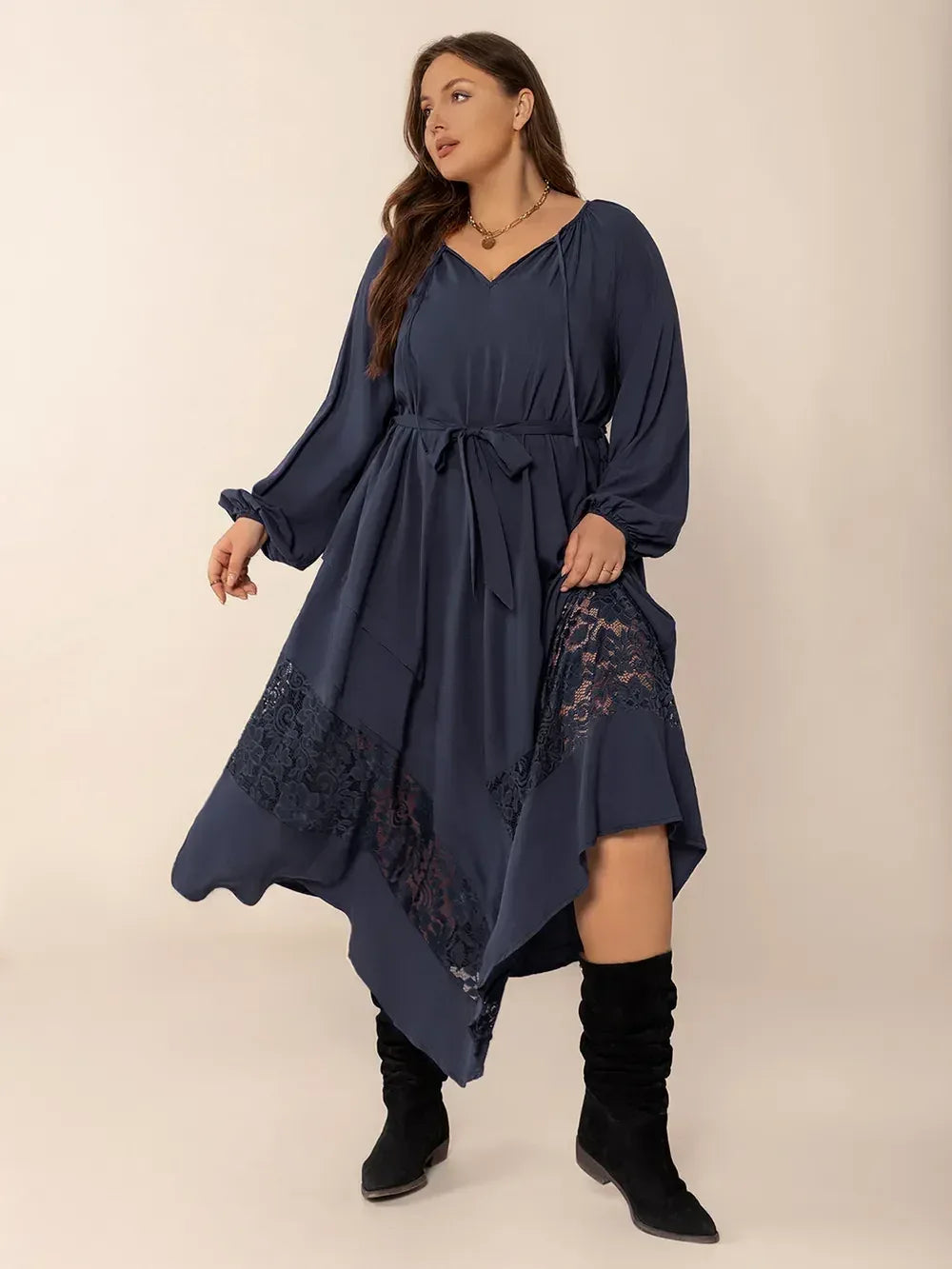 Plus Size Lace Detail Tie Neck Long Sleeve Midi Dress - DAVERRI FASHIONS