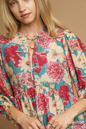Umgee Mix Floral Peplum Blouse with Tie Neck | Blouses Daverri Fashions