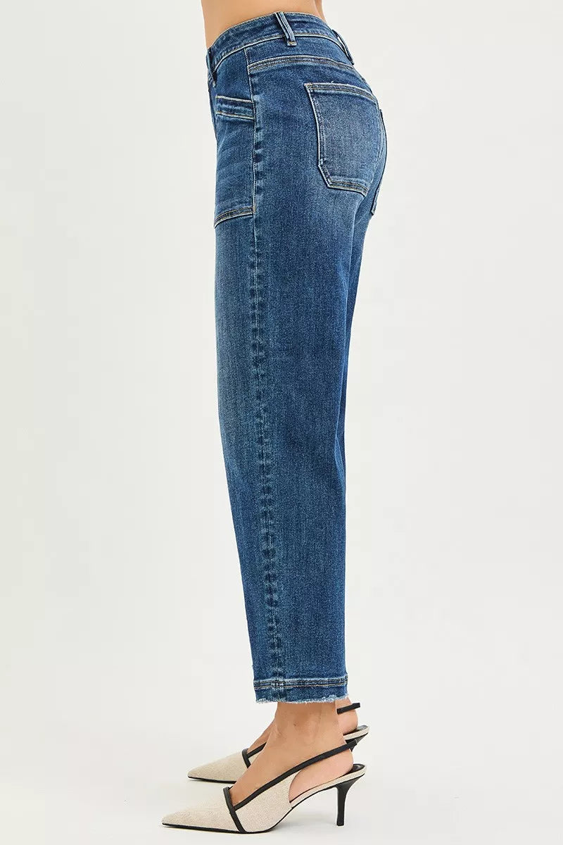 RISEN slouchy cropped baggy jeans in blue denim with frayed cuffs