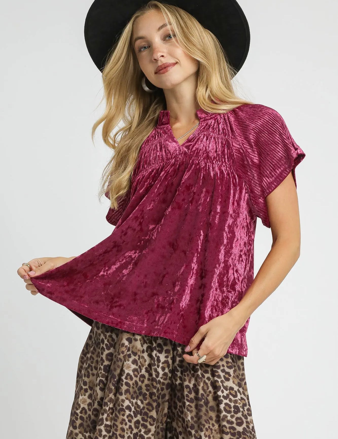 BERRY Umgee Crushed Velvet Pleated Blouse | Blouses Daverri Fashions