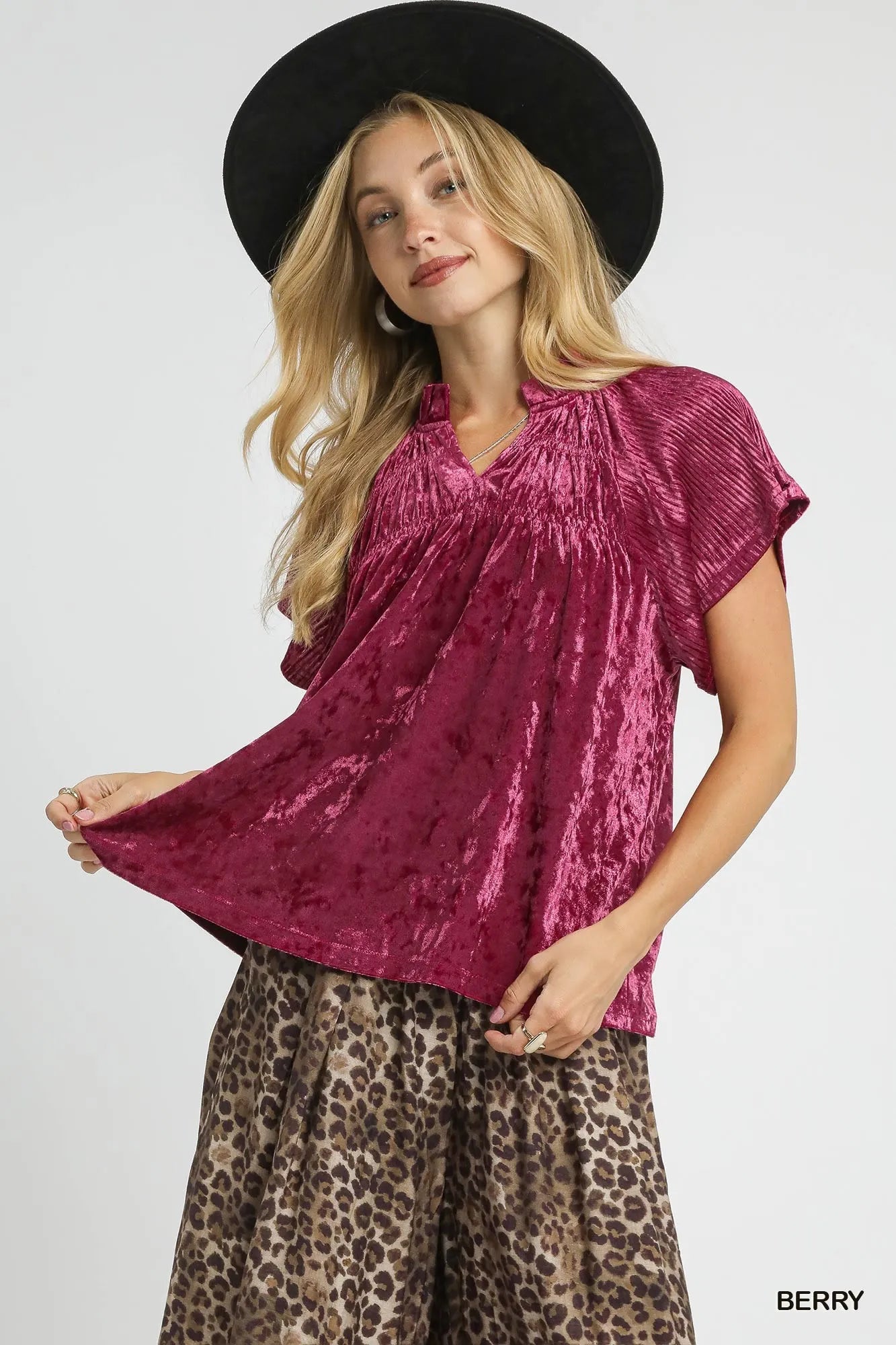Umgee Crushed Velvet Pleated Blouse BERRY Blouses