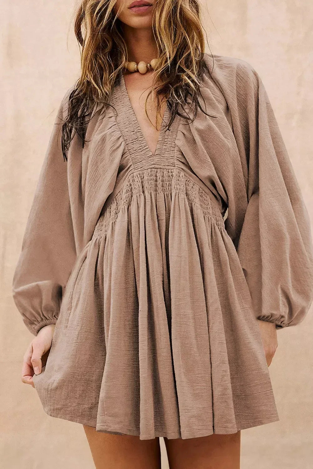 Smocked V-Neck Balloon Sleeve Dress - DAVERRI FASHIONS