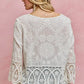 Delicate off-white SO ME floral embroidered crochet lace trimmed blouse with bell sleeves