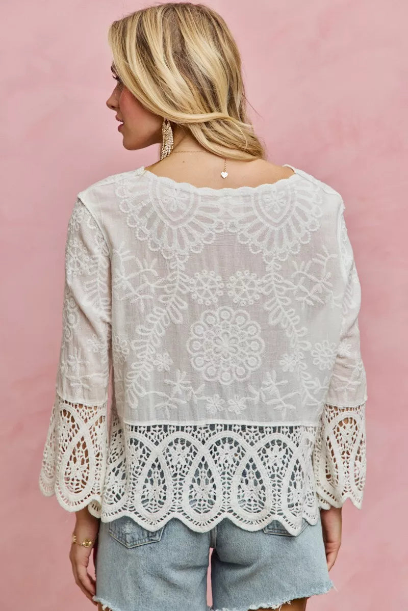 Delicate off-white SO ME floral embroidered crochet lace trimmed blouse with bell sleeves