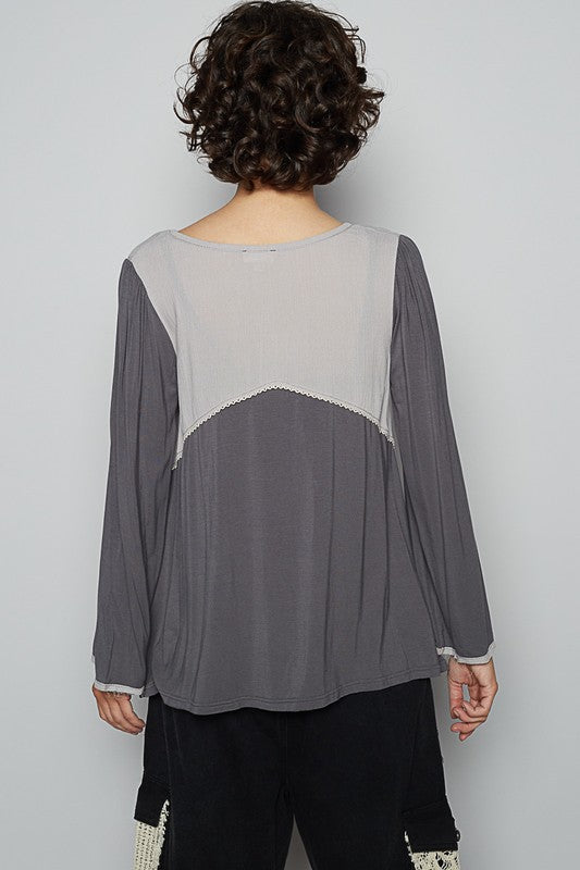 POL Contrast Button Front Long Sleeve Knit Top Tops