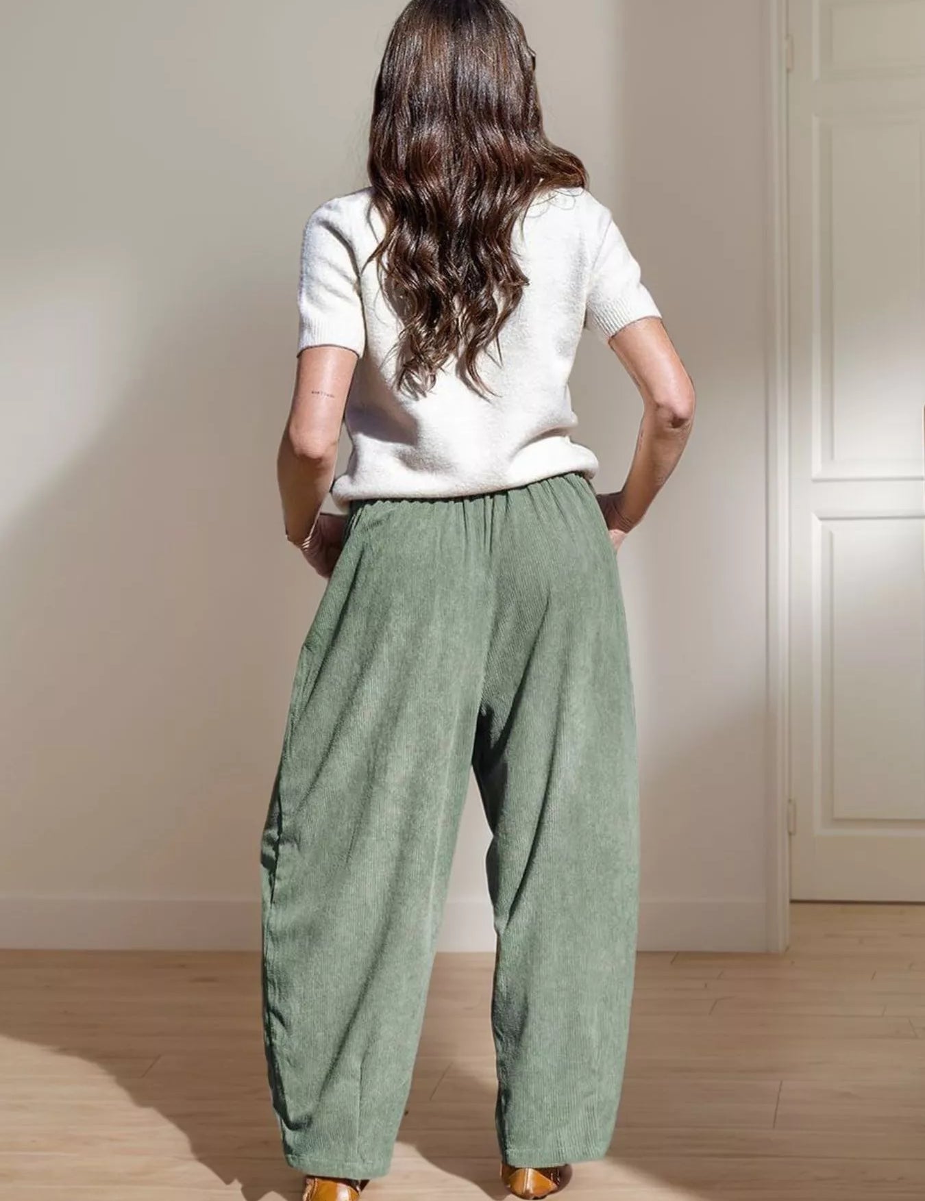 Olive green linen casual wide leg pants with elastic waistband and pockets