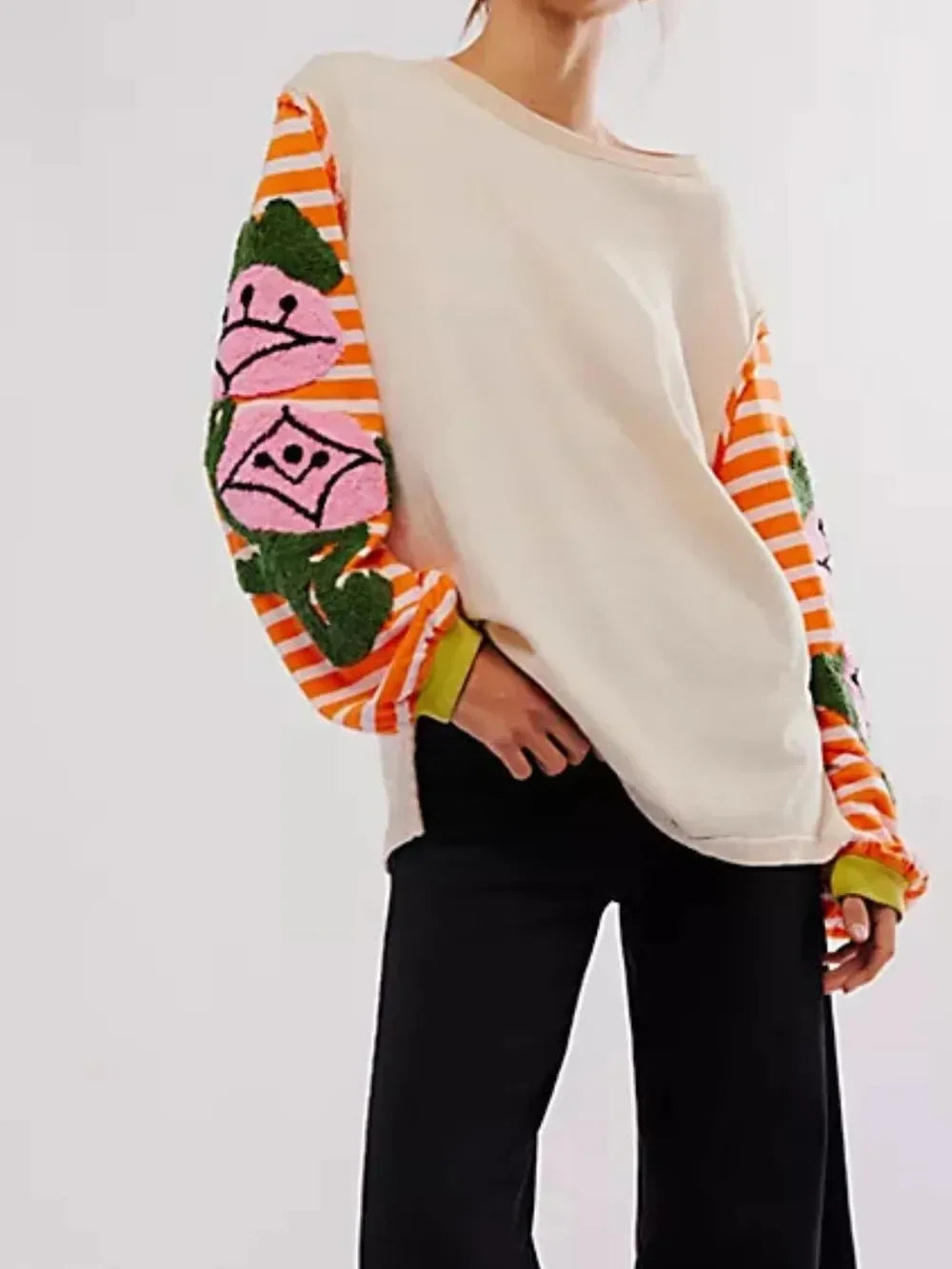 Striped Round Neck Long Sleeve Sweatshirt - DAVERRI FASHIONS