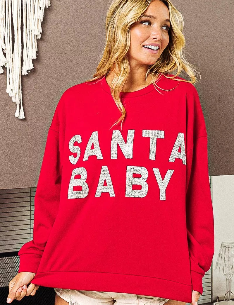 RED BiBi Santa Baby Lettering Christmas Sweatshirt | Sweatshirts Daverri Fashions