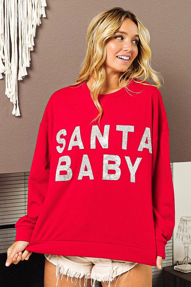 RED BiBi Santa Baby Lettering Christmas Sweatshirt | Sweatshirts Daverri Fashions