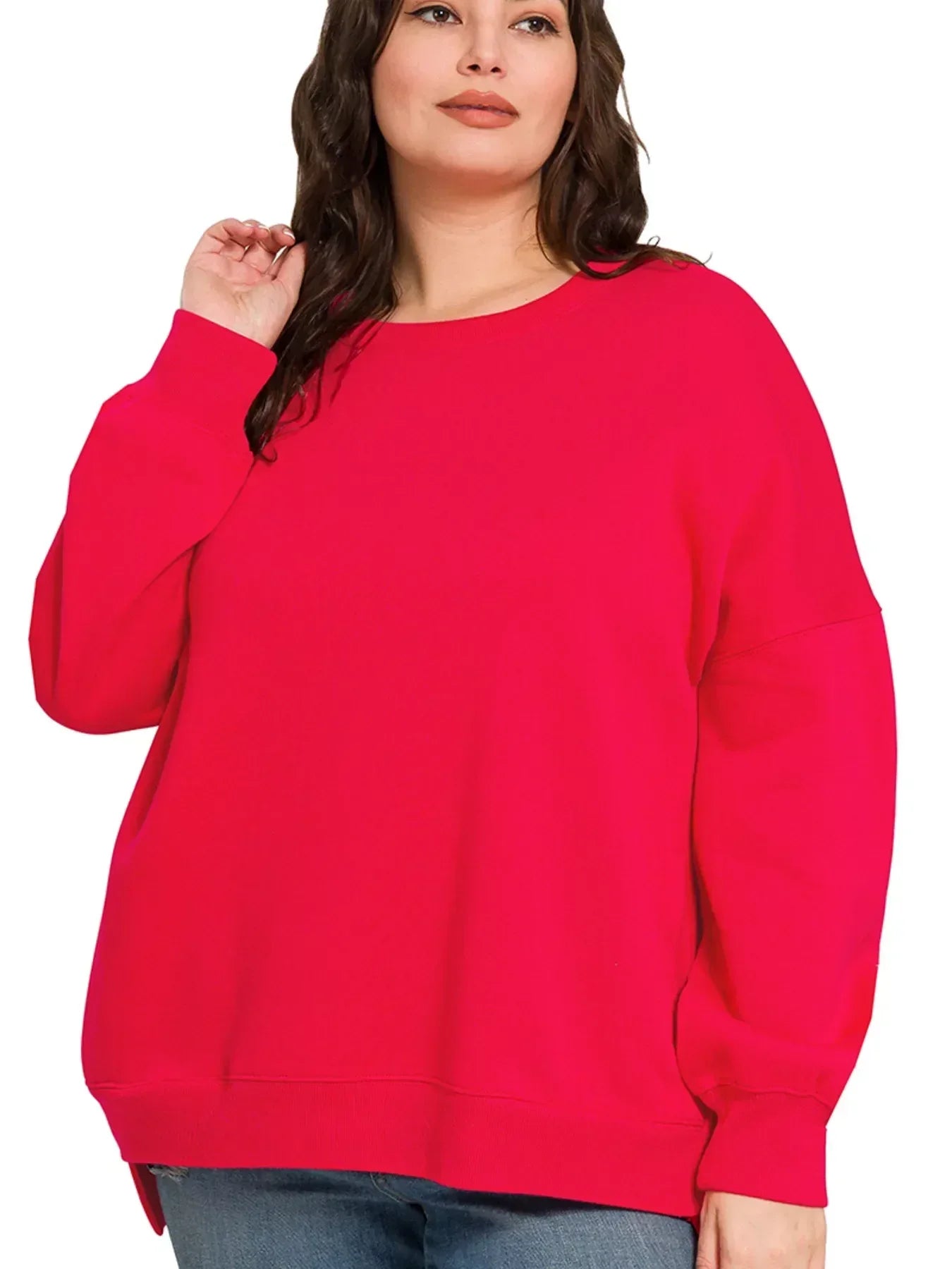 Zenana Full Size Fleece Hi-low Boyfriend Sweatshirts with Pockets Plus Size - DAVERRI FASHIONS