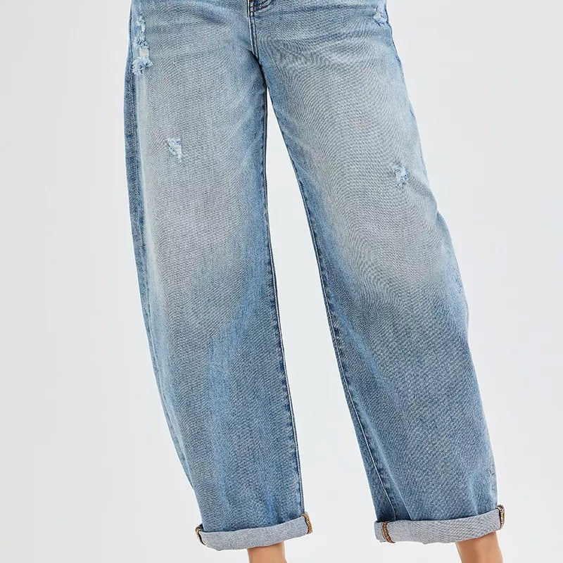 MEDIUM RISEN Full Size Slouchy Ankle Length Barrel Jeans with Cuffs Plus Size | Jeans Daverri Fashions