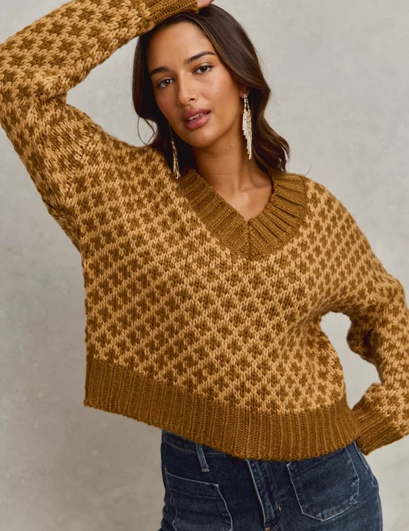 SO ME Color Block Textured Christmas Sweater V Neck Top | Sweaters Daverri Fashions