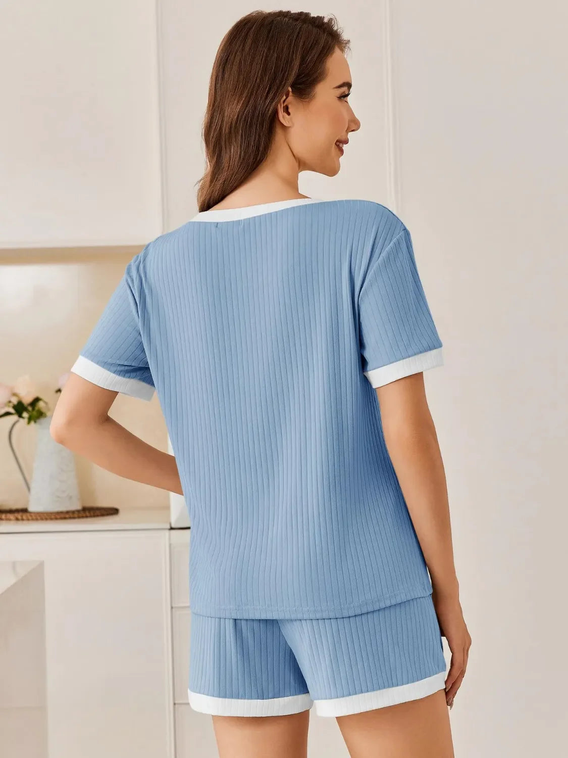 Daverri Fashions blue striped ribbed pajama top and shorts set