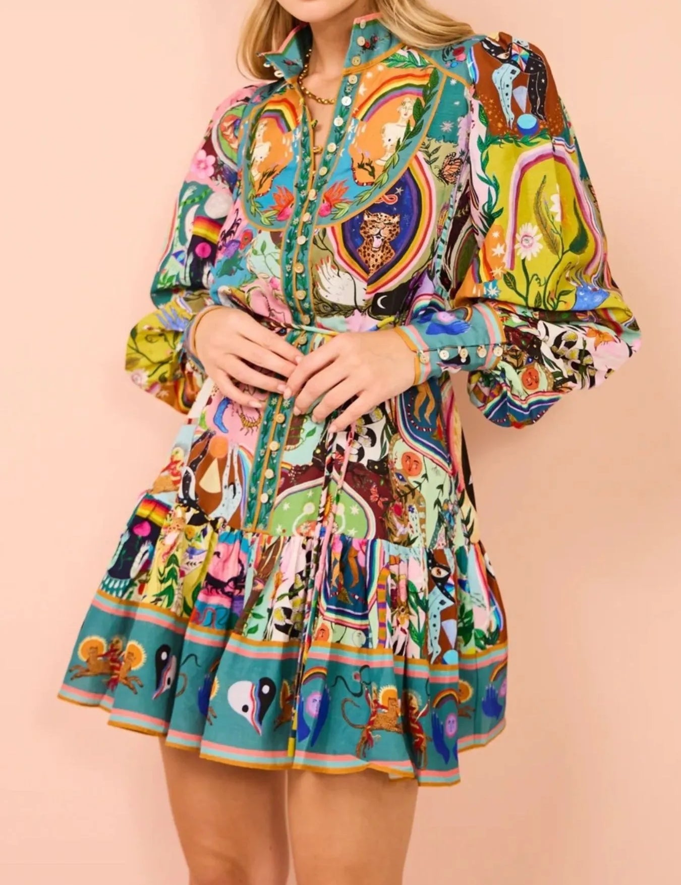 Daverri Fashions multicolored floral long sleeve mini dress with belt