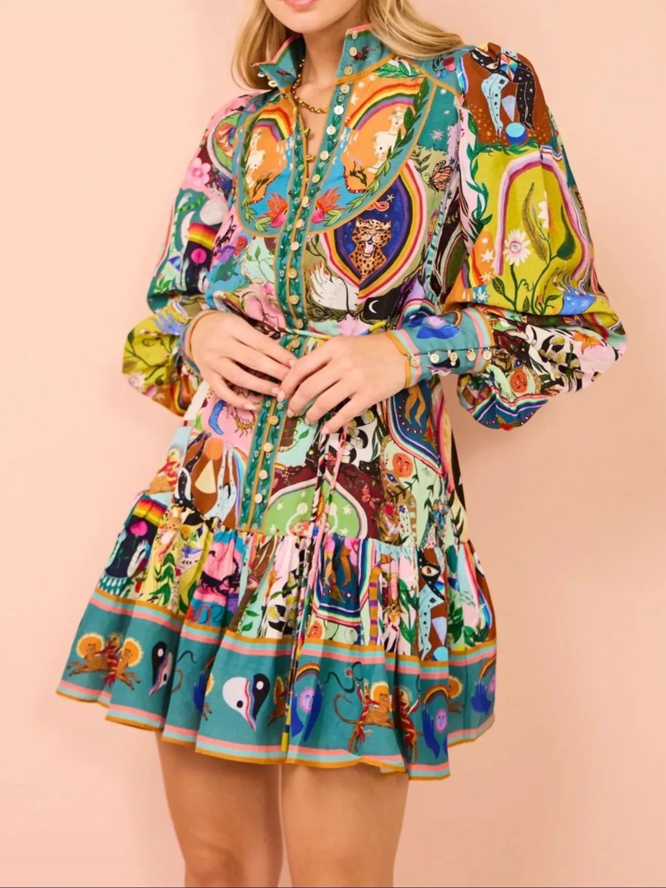 Daverri Fashions multicolored floral long sleeve mini dress with belt