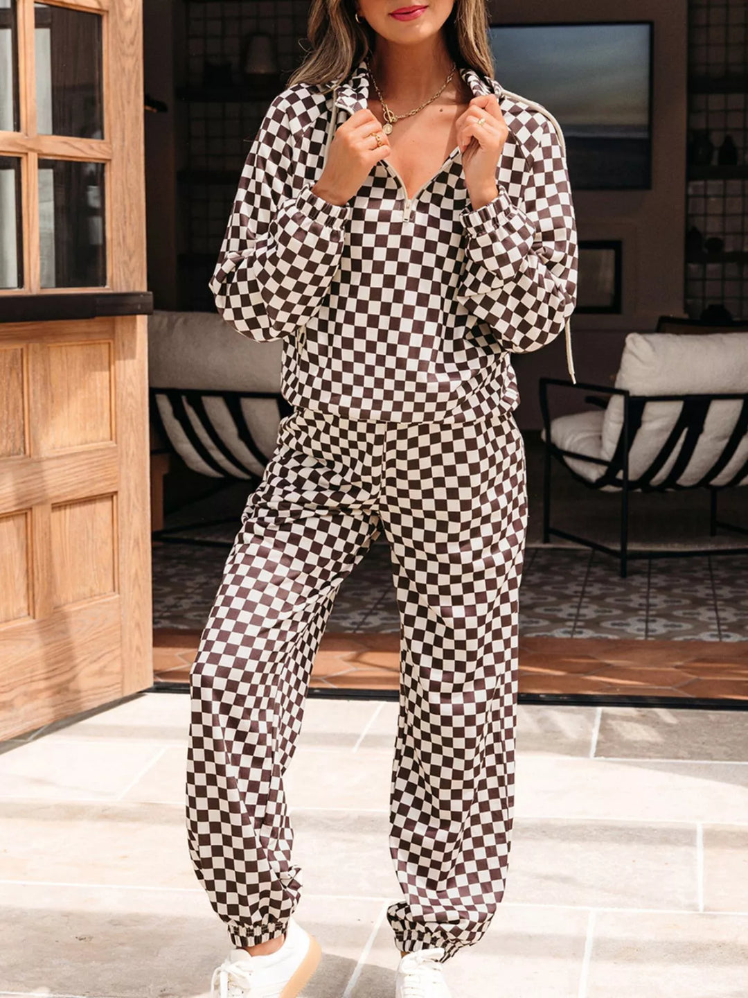 Checkered Drawstring Hoodie and Pants Set | Loungewear Sets Daverri Fashions