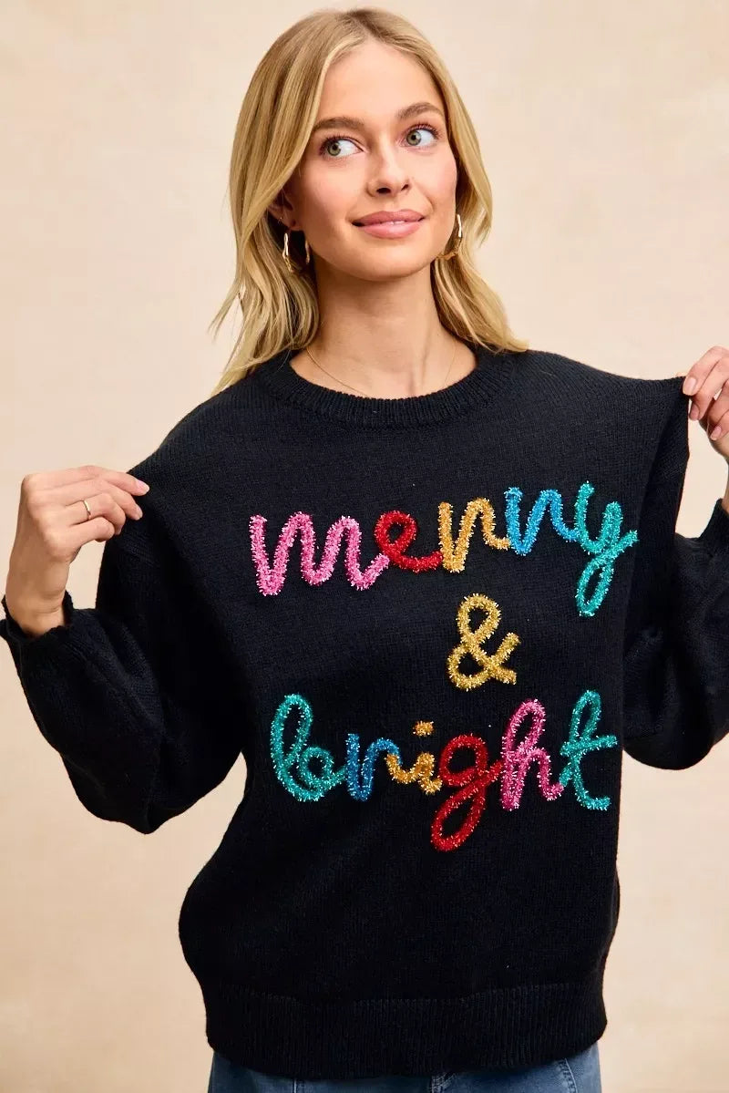 BiBi Tinsel Lettering Christmas Sweater - DAVERRI FASHIONS