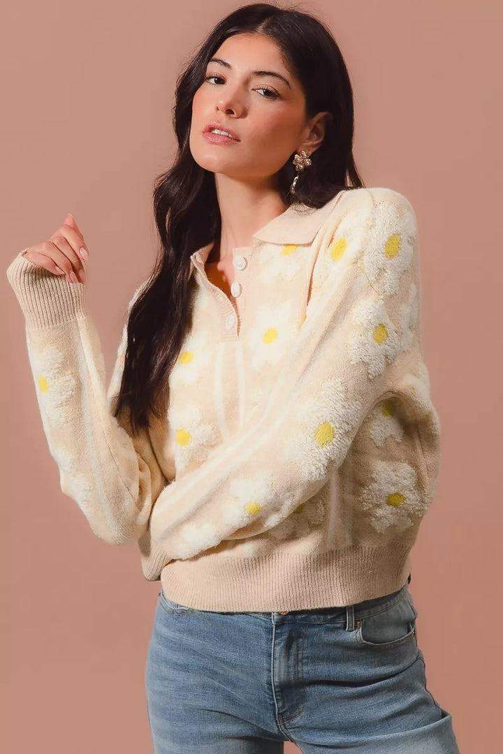 SO ME Floral Stripe Polo Collar Sweater | Sweaters Daverri Fashions