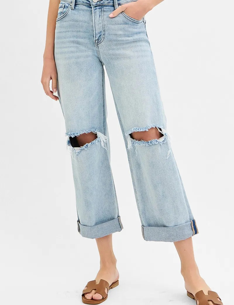 LIGHT RISEN Full Size Mid Rise Fit Boyfriend Jeans with Cuff | Jeans Daverri Fashions