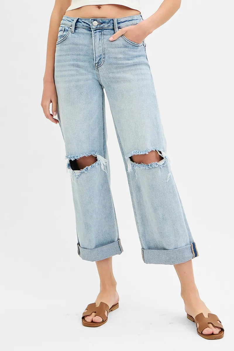 RISEN Full Size Mid Rise Fit Boyfriend Jeans with Cuff LIGHT Jeans