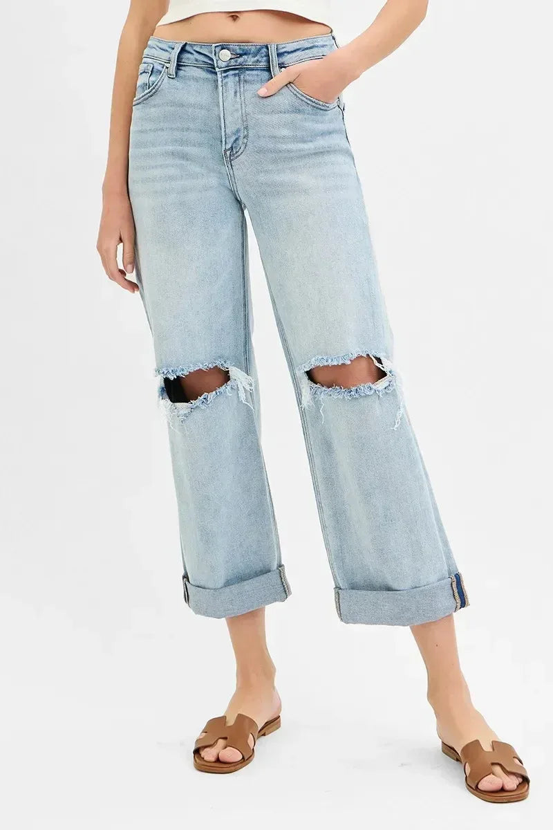 RISEN Full Size Mid Rise Fit Boyfriend Jeans with Cuff - DAVERRI FASHIONS