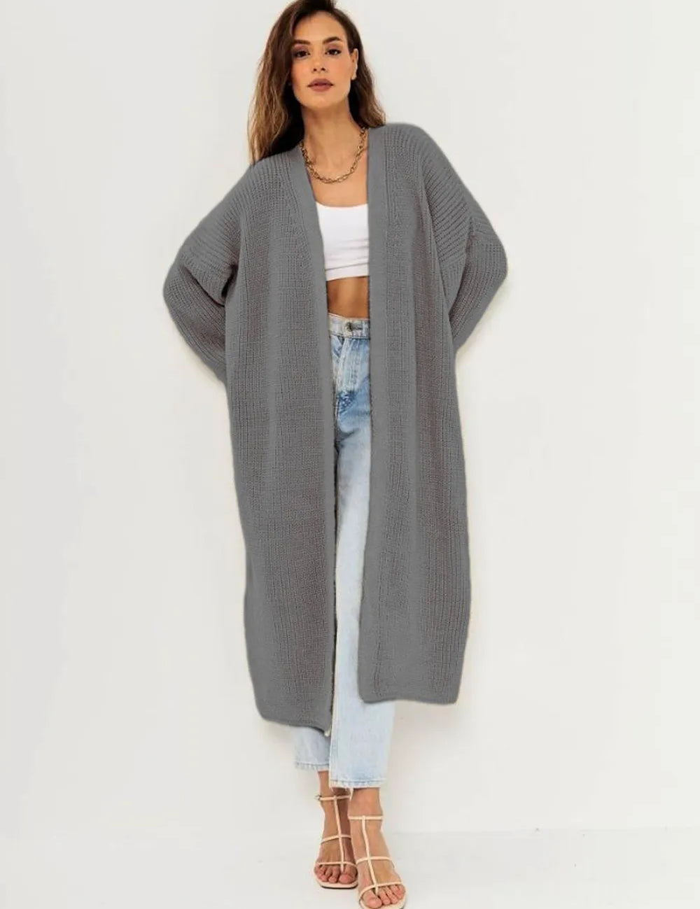 Gray One Size Open Front Long Sleeve Longline Cardigan | Cardigans Daverri Fashions