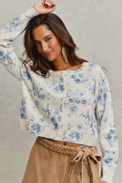 Vintage floral print cropped sweatshirt cardigan with long sleeves