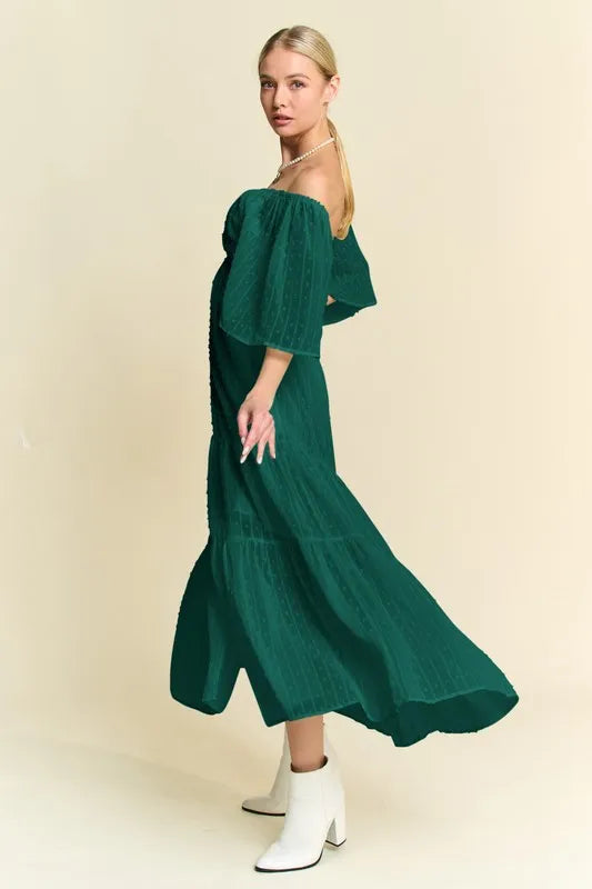 Davi & Dani Swiss Dotted Ruched Ruffle Open Back Midi Dress | Midi Dresses Daverri Fashions