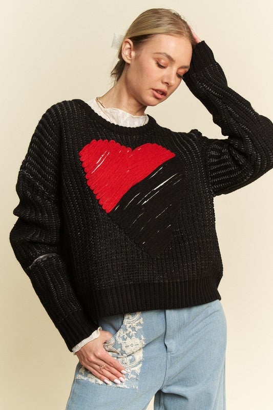 Davi & Dani Contrast Heart Dropped Shoulder Sweater Sweaters