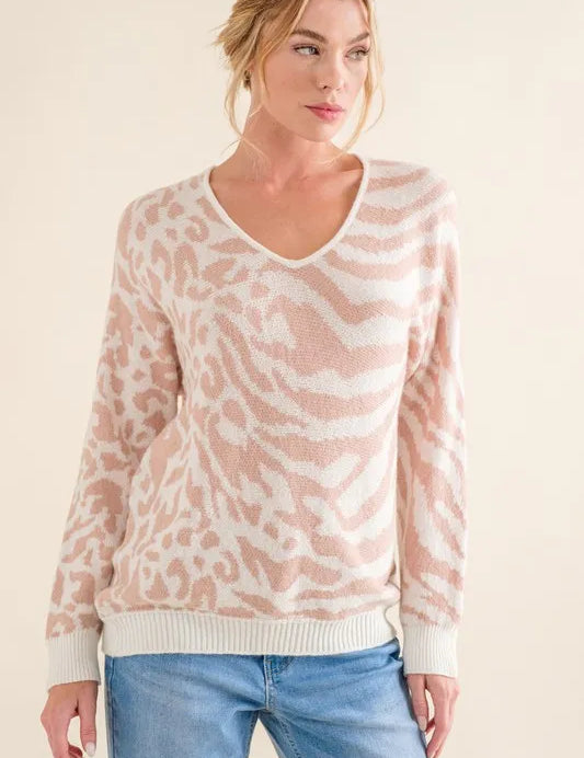 PALE PINK And The Why Leopard Zebra Combo Casual Sweater Top | Sweaters Daverri Fashions