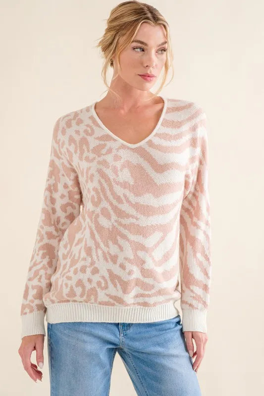 PALE PINK And The Why Leopard Zebra Combo Casual Sweater Top | Sweaters Daverri Fashions