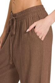 Zenana Linen Drawstring Pants Brown | Pants Daverri Fashions