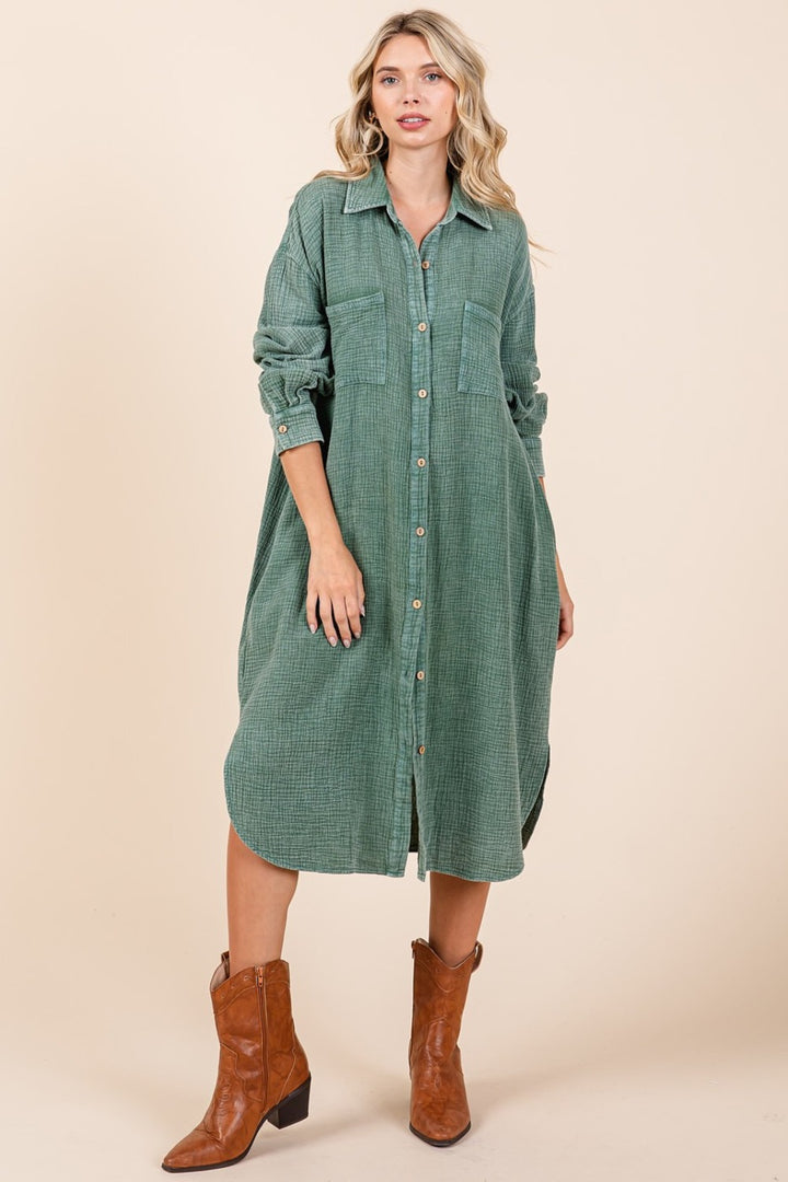 Mittoshop Mineral Wash Cotton Gauze Midi Shirt Dress Midi Dresses