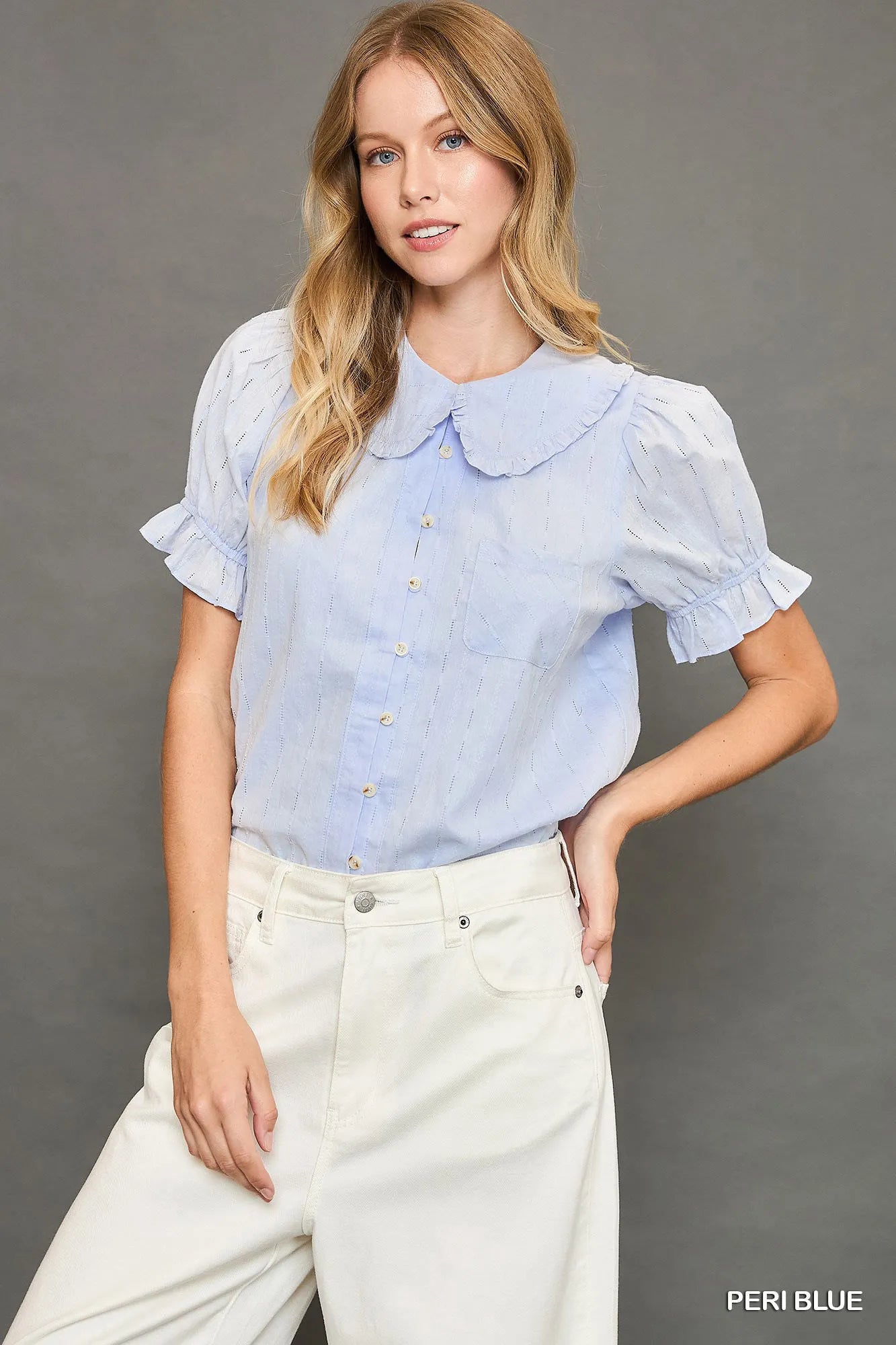 Peri blue short-sleeved Peter Pan collared blouse with embroidered ruffles