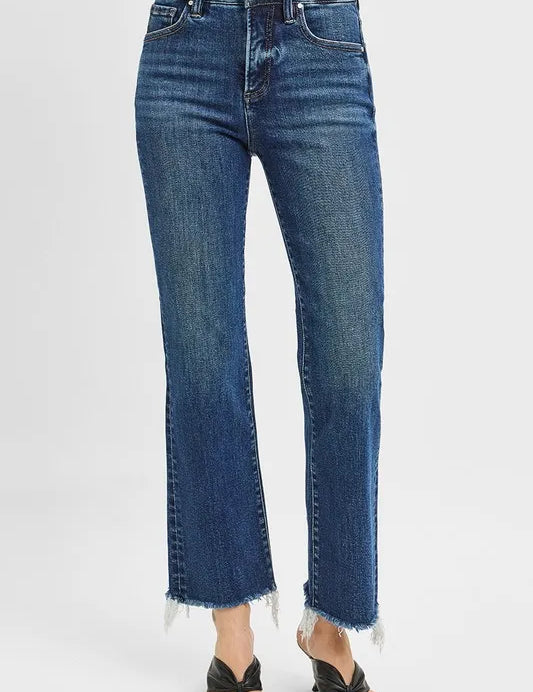 RISEN Tummy Control High Rise Crop Straight Raw Cut Hem Jeans | Daverri Fashions