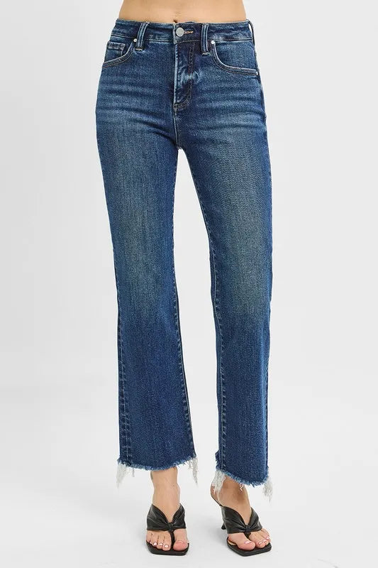 RISEN Tummy Control High Rise Crop Straight Raw Cut Hem Jeans DARK