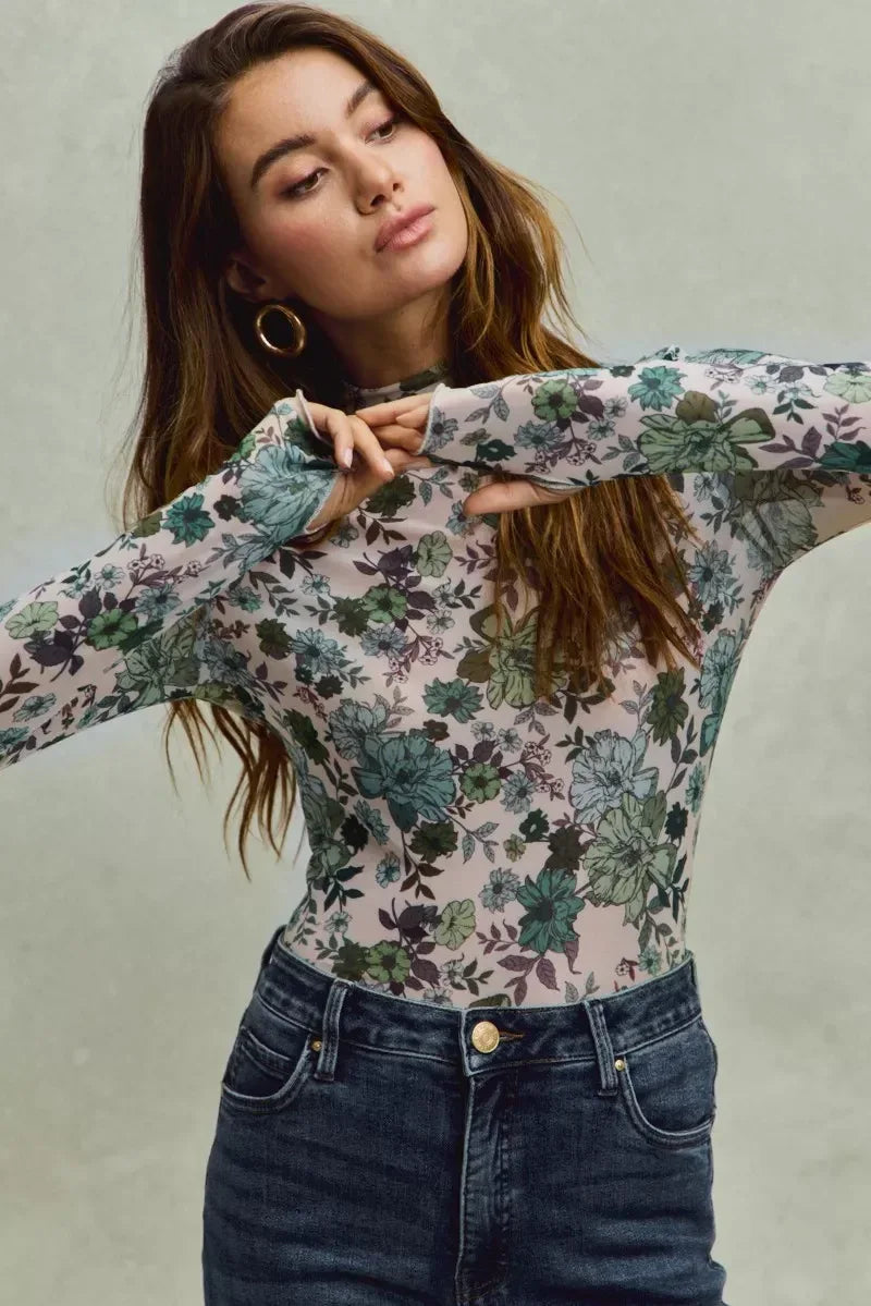 SO ME Floral Print Mesh Knit Long Sleeves Top - DAVERRI FASHIONS