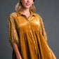 Umgee Sequin Detail Tiered Back Half Sleeve Shirt Mustard S
