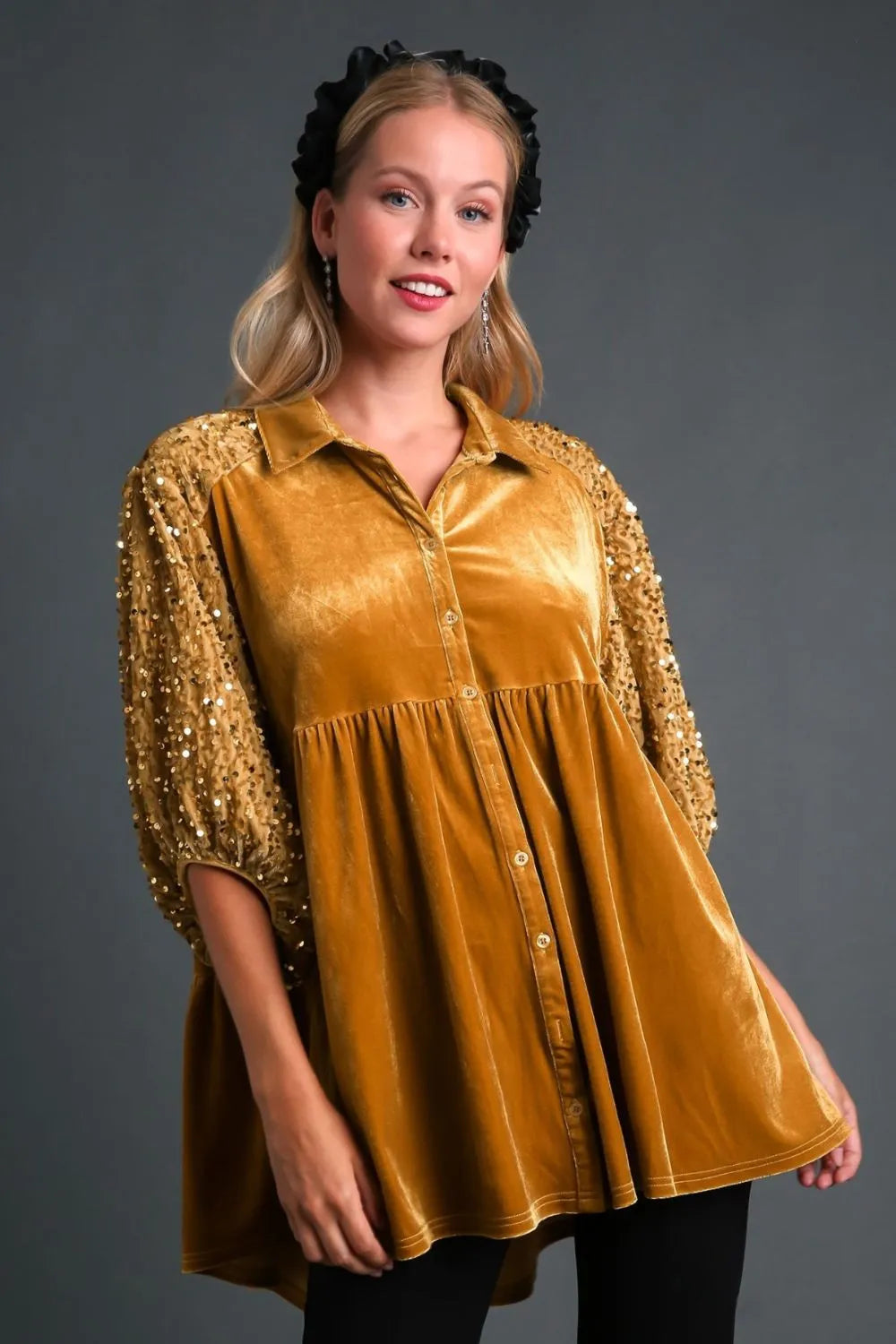 Umgee Sequin Detail Tiered Back Half Sleeve Shirt Mustard S