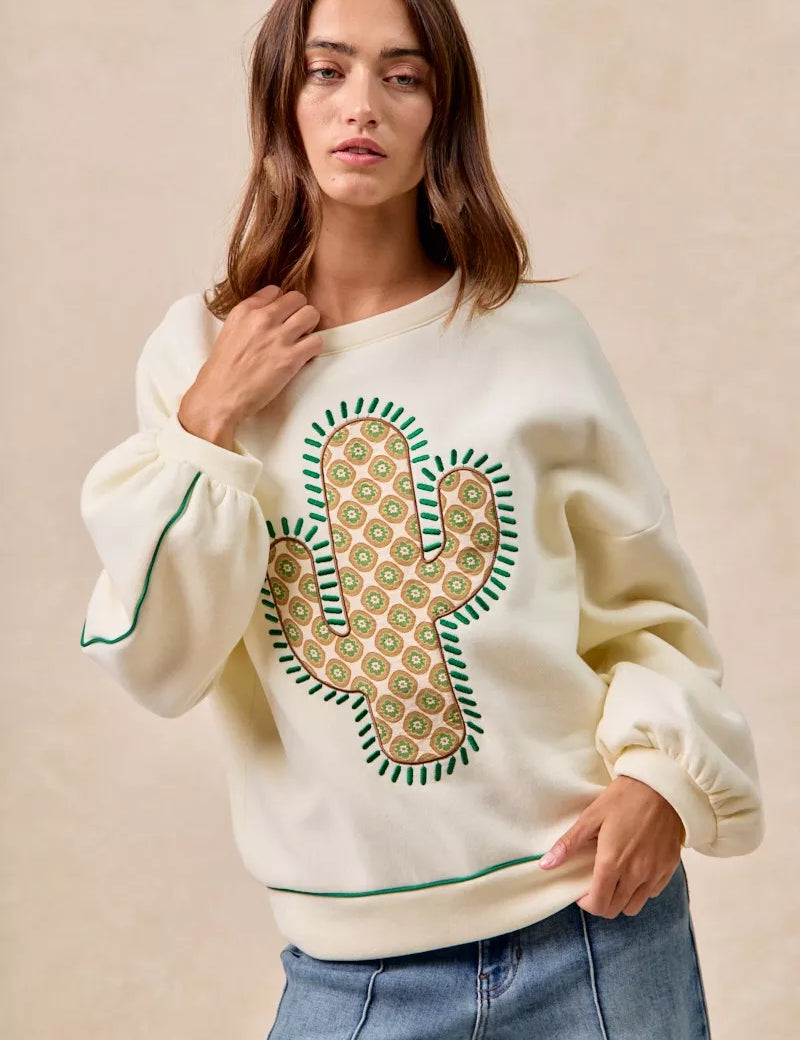 BiBi Cactus Embroidered Fleece Sweatshirt | Daverri Fashions
