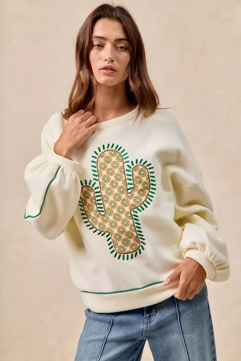 BiBi Cactus Embroidered Fleece Sweatshirt - DAVERRI FASHIONS