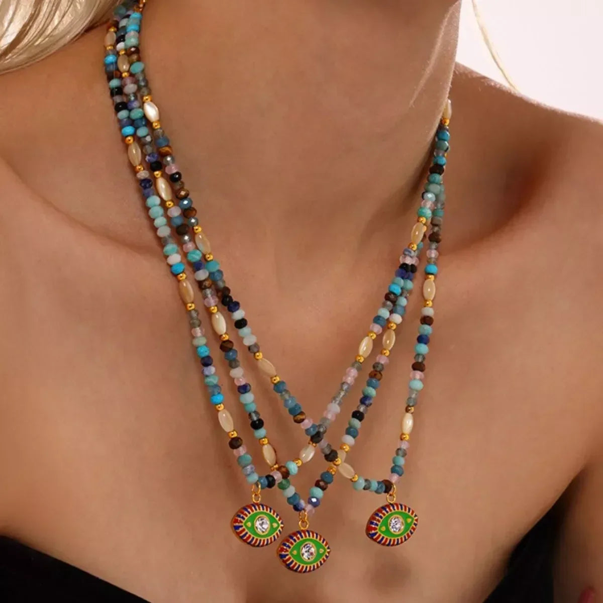 Zircon Bead Evil Eye Pendant Necklace - DAVERRI FASHIONS