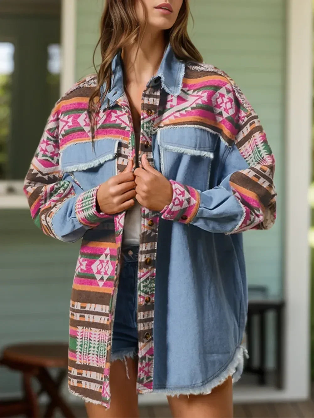 Geometric Collared Neck Long Sleeve Shacket - DAVERRI FASHIONS