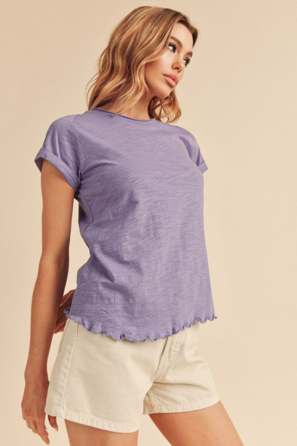 Aemi + Co Lettuce Edge Round Neck Short Sleeve T-Shirt Lilac