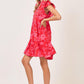 Umgee Red Two Tone Floral Print Ruffle Cap Sleeve Mini Dress Mini Dresses