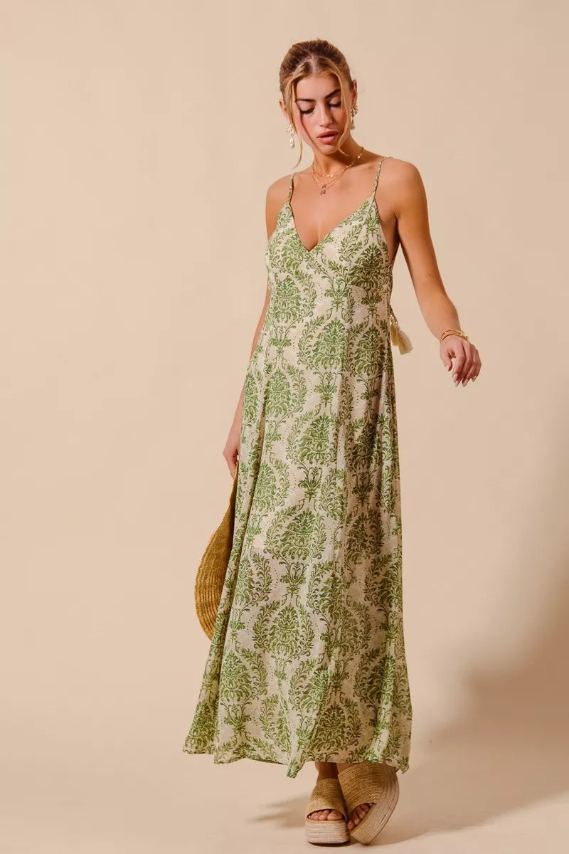 SO ME damask floral sage green maxi dress with open back