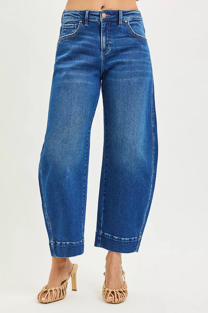 Risen mid-rise crop barrel jeans in blue denim with faded wash and rolled cuffs