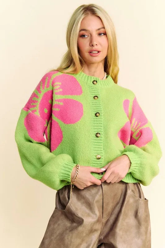 Davi & Dani Flower Contrast Round Neck Long Sleeve Cardigan | Cardigans Daverri Fashions