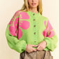 Davi & Dani Flower Contrast Round Neck Long Sleeve Cardigan - DAVERRI FASHIONS