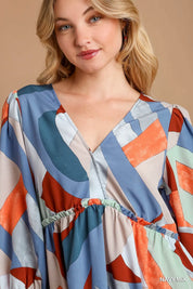 Umgee Abstract V-Neck Tiered Printed Dress | Daverri Fashions